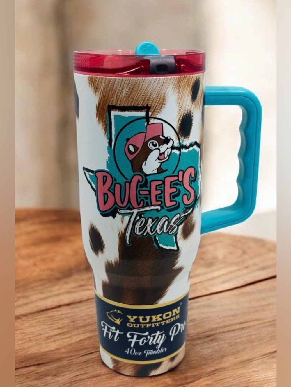 Buc-ee's Texas Cowhide 40oz Travel Tumbler with Turquoise Handle